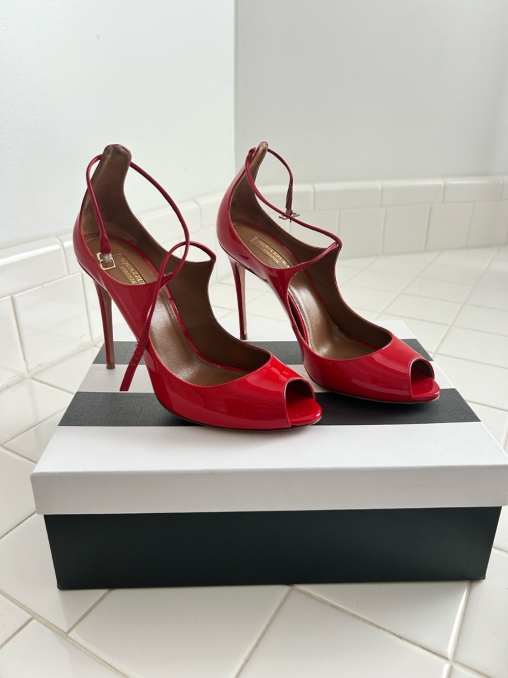 Aquazzura Red Patent Peep-Toe Lace-Up Stilettos